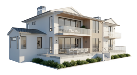 Modern coastal home exterior 3d rendered isolated on white background