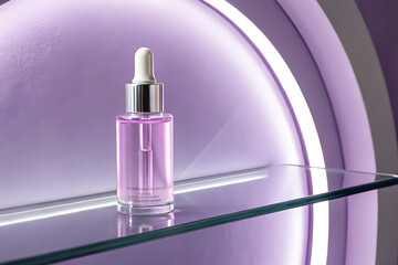 Face serum bottle with a dropper, presented on a sleek glass shelf, illuminated by soft purple lighting