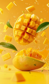 A mango soars through the air, bursting into square pieces while surrounded by droplets and vibrant colors, evoking freshness and flavor