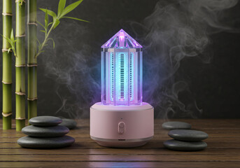 A sleek, minimalist mosquito zapper designed as a piece of modern art, geometric crystal structure with soft LED glow in pastel colors, floating in a zen garden with bamboo and smooth stones, surround