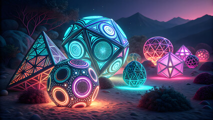 Arrangement of abstract shapes illuminated by vibrant neon lights captivates viewers