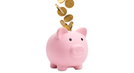 Pink piggy bank with falling coins 3d rendered isolated on white background