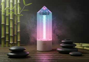 A sleek, minimalist mosquito zapper designed as a piece of modern art, geometric crystal structure with soft LED glow in pastel colors, floating in a zen garden with bamboo and smooth stones, surround