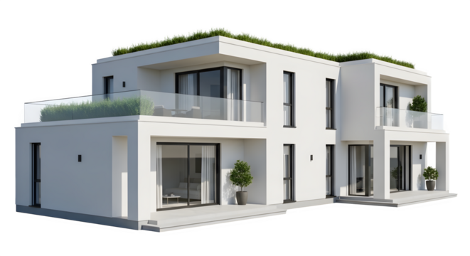 Modern white villa with green roof, 3d rendered isolated on white background