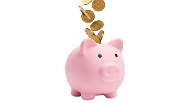 Pink piggy bank with falling coins 3d rendered isolated on white background