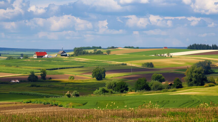 Lush and vibrant agricultural landscape with varied fields, patchy farmland and rolling hills. Agriculture. Planting, harvesting. Grains, vegetables, fruits. Agricultural industry	
