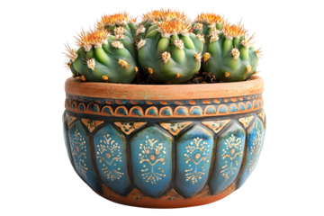 Decorative cactus in patterned clay pot minimal indoor plant decor isolated on white background