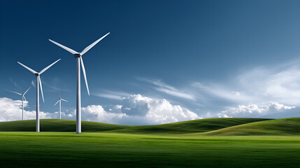 Obraz premium Wind turbines standing tall on lush green hills under a clear blue sky, showcasing renewable energy technology and sustainable practices in a serene landscape