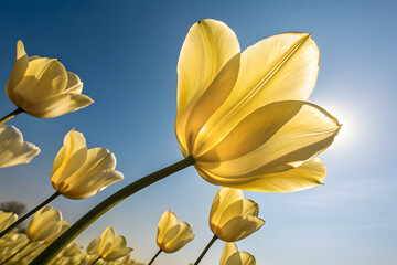 A vibrant yellow tulip bloom against a clear blue sky