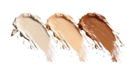 Foundation dot and smudge in three skin tones, realistic creamy texture, white background, PNG