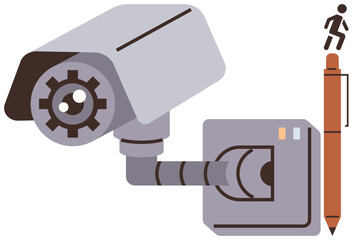 Security camera with adjustable arm, lens detail, pen with running figure. Ideal for security, surveillance, technology, privacy, tracking, monitoring control and simple flat metaphor