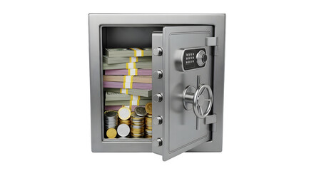Open safe filled with money 3d rendered isolated on white background