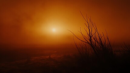 Fototapeta premium A hazy, orange sunrise casts long shadows on silhouetted branches and a misty landscape. The sun is barely visible through the dense fog