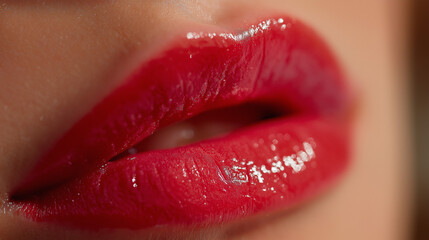 Glossy red lips with perfect texture, radiating elegance and allure.