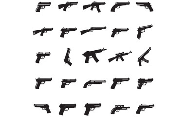 Silhouette Gun Icon Set &ndash; Vector Collection of Firearms, Pistols, Rifles, and Weapons in Black Style