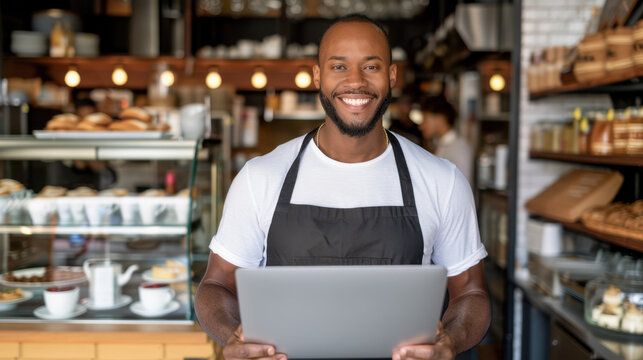 A man is smiling and holding a laptop in a bakery - Powered by Adobe