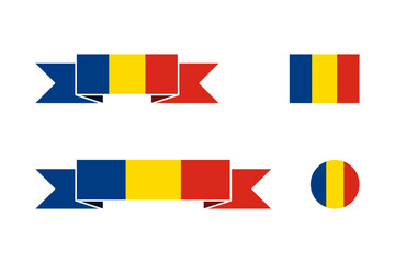 Set of Andorran Flag or Flag of Andorra including Short and Long Folded Ribbon Banner Style, Standard Plain and Round Shapes. Vector Image.