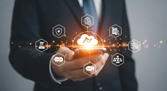 Businessman using smartphone with cloud computing technology and digital icon illustrations - Powered by Adobe