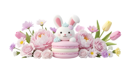 Easter bunny with macarons and flowers 3d rendered isolated on white background