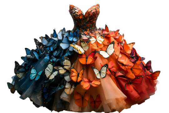 Dress woven from live butterflies, metamorphosis haute couture isolated on white
