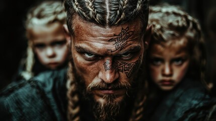 A striking image featuring a fierce warrior with intricate braids and tattoos, standing protectively in front of two curious children, evoking themes of strength and family bonds.