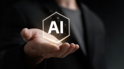 Person holding a glowing ai symbol in their hand against a dark background shot