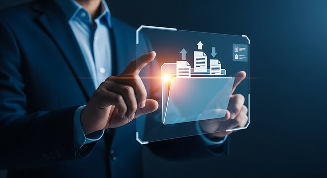Businessman touching a holographic interface with a digital folder representing data storage and uploading