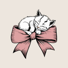 Adorable Kitten Sleeping Peacefully on a Decorative Pink Ribbon Bow
