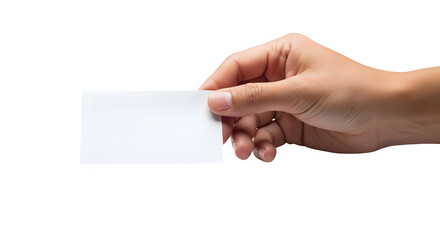Hand holding blank business card isolated on white background