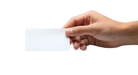 Hand holding blank business card isolated on white background