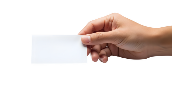 Hand holding blank business card isolated on white background