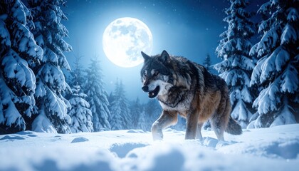 A lone wolf strolls through a snowy forest at night under a full moon