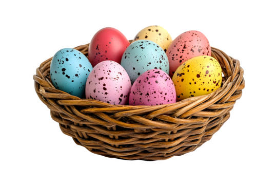 Easter egg hunt basket, pastel-colored eggs isolated on white