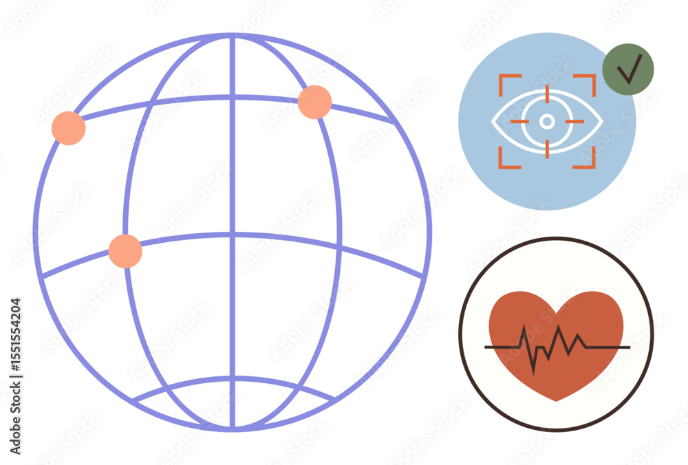 Poster globe with network nodes, eye icon with scan target and verified checkmark, heart and pulse graph. i