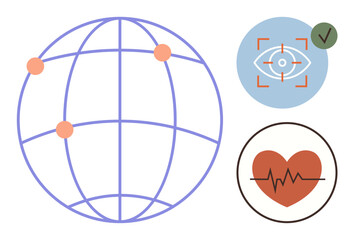 Globe with network nodes, eye icon with scan target and verified checkmark, heart and pulse graph. Ideal for technology, healthcare, innovation, diagnostics, global communication, safety