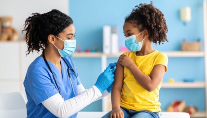 Vaccination Moment: A healthcare professional administers a vaccine injection to a young patient, fostering care and the importance of health in a sterile medical environment. 