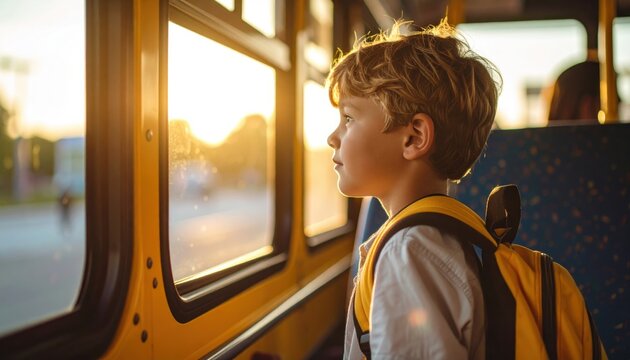 Child's Bus Ride: A young schoolboy gazes out the window of a school bus, a moment of quiet reflection as he watches the world go by. The warm sunlight bathes his face.