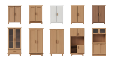 Variety of wooden cabinets 3d rendered isolated on white background