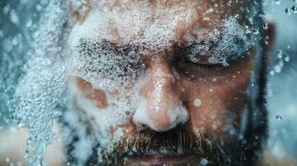 Fototapeta premium A man submerged underwater, his face covered with bubbles, evokes themes of transformation, serenity, and the liberation found in the depths of the aquatic world.