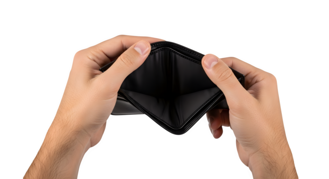 Empty wallet in hands isolated on white background