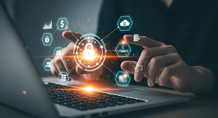 Secure online transactions and data protection concept with glowing icons and laptop interface