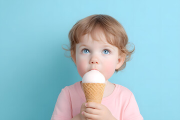 Toddler eating ice cream cone. Blonde toddler girl eating vanilla ice cream in a cone. Pastel background, perfect for summer ads and food-related content
