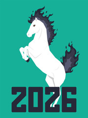 Fire white horse 2026. Greeting card 2026, year of the Horse. Vector illustration