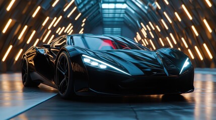 A striking black sports car is showcased in a futuristic setting, highlighting its sleek design and modern aesthetic, making it an icon of speed and luxury.