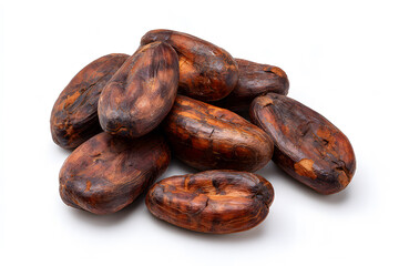 Cocoa beans pile isolated. Close-up of a single cocoa pod isolated on a light background. Ideal for chocolate industry, organic products, or natural ingredient themes.
