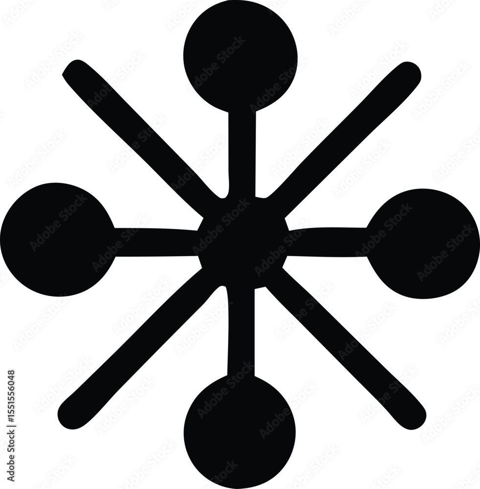 Poster a stylized black abstract starburst or snowflake shape with a central circle and eight radiating lin