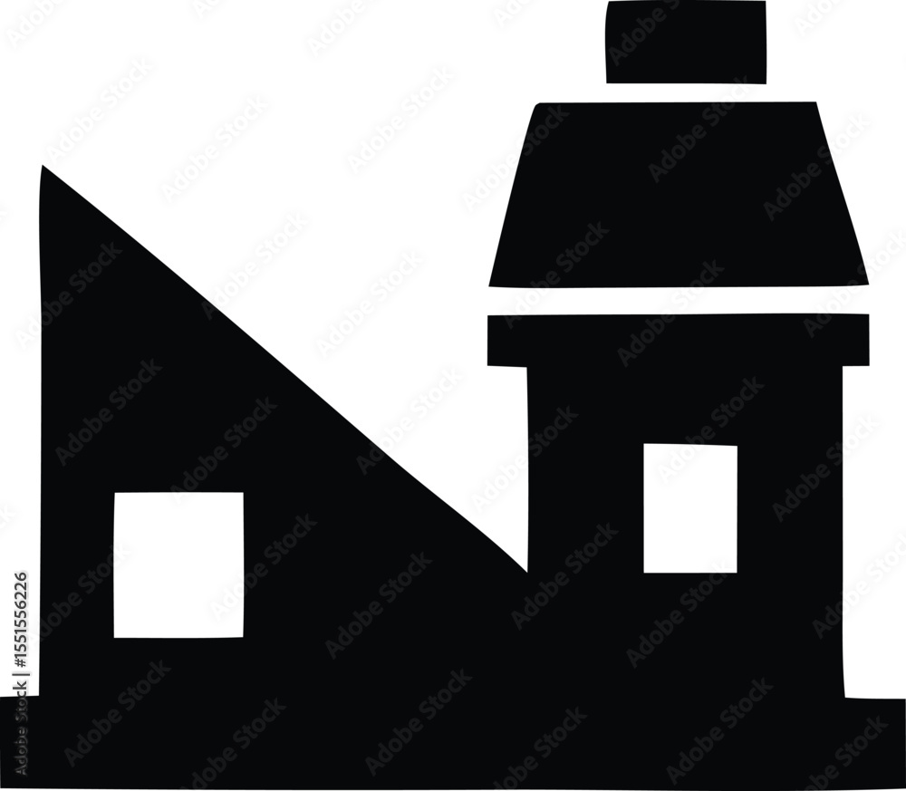 Poster stylized black silhouette of a simple building with a pitched roof and a chimney featuring a triangu