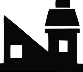 Stylized black silhouette of a simple building with a pitched roof and a chimney featuring a triangular section and a square window