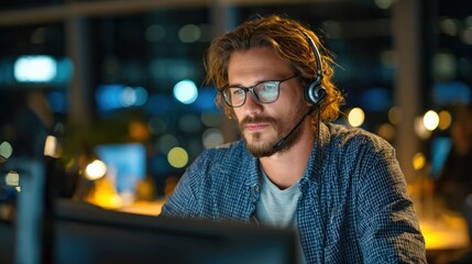 Focused male tech support specialist working with audio equipment and responding to online queries.