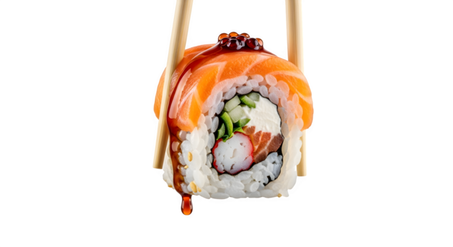 Salmon sushi roll with chopsticks isolated on white background